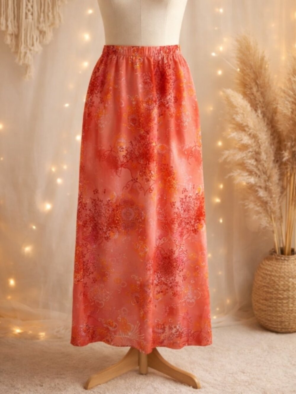 Vintage Lee City Elements Coral Floral Midi Skirt M Boho Cottagecore USA Made
